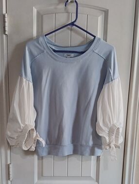 Kensie Jeans Mixed Media Balloon Sleeve Pullover Sweatshirt Blue White Large